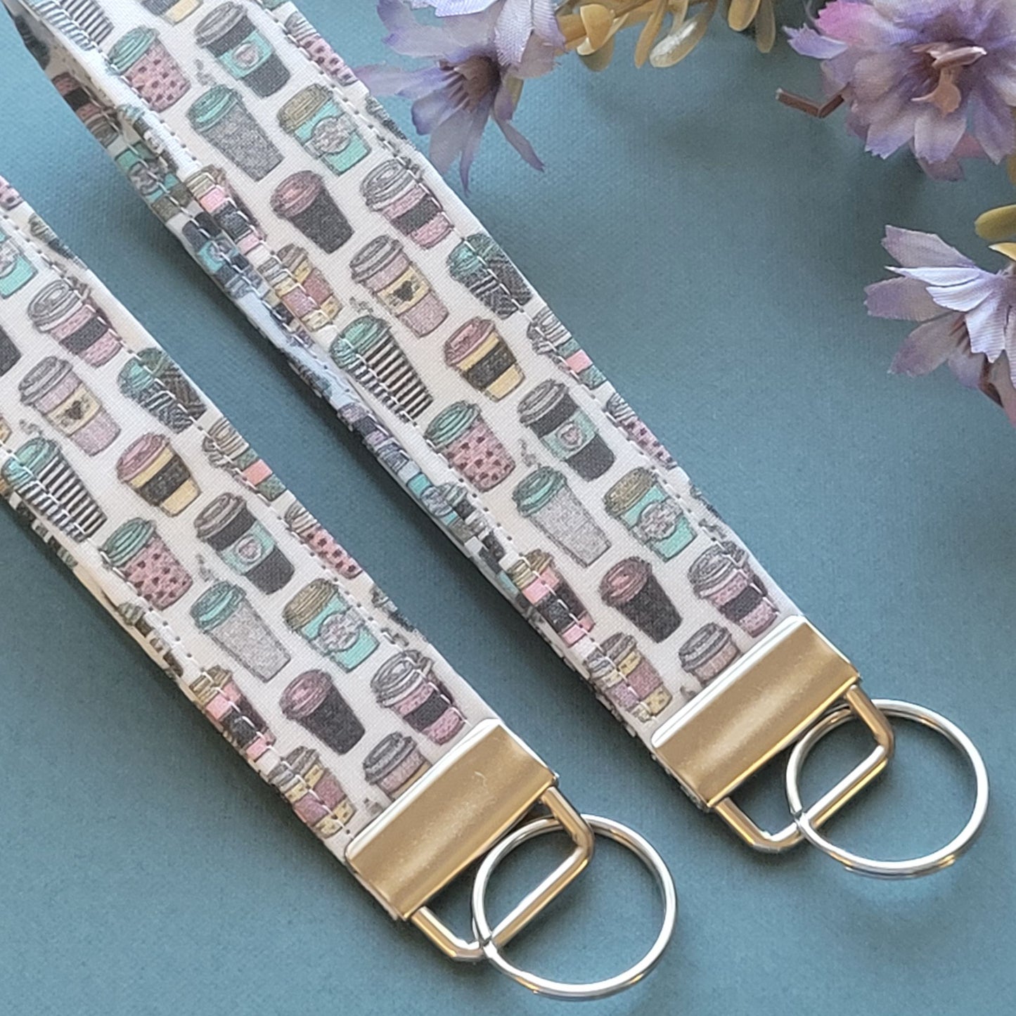 Coffee Lover Fabric Keychain Latte Key Fob Coffee Cup Wrist Lanyard Wristlet Key Strap