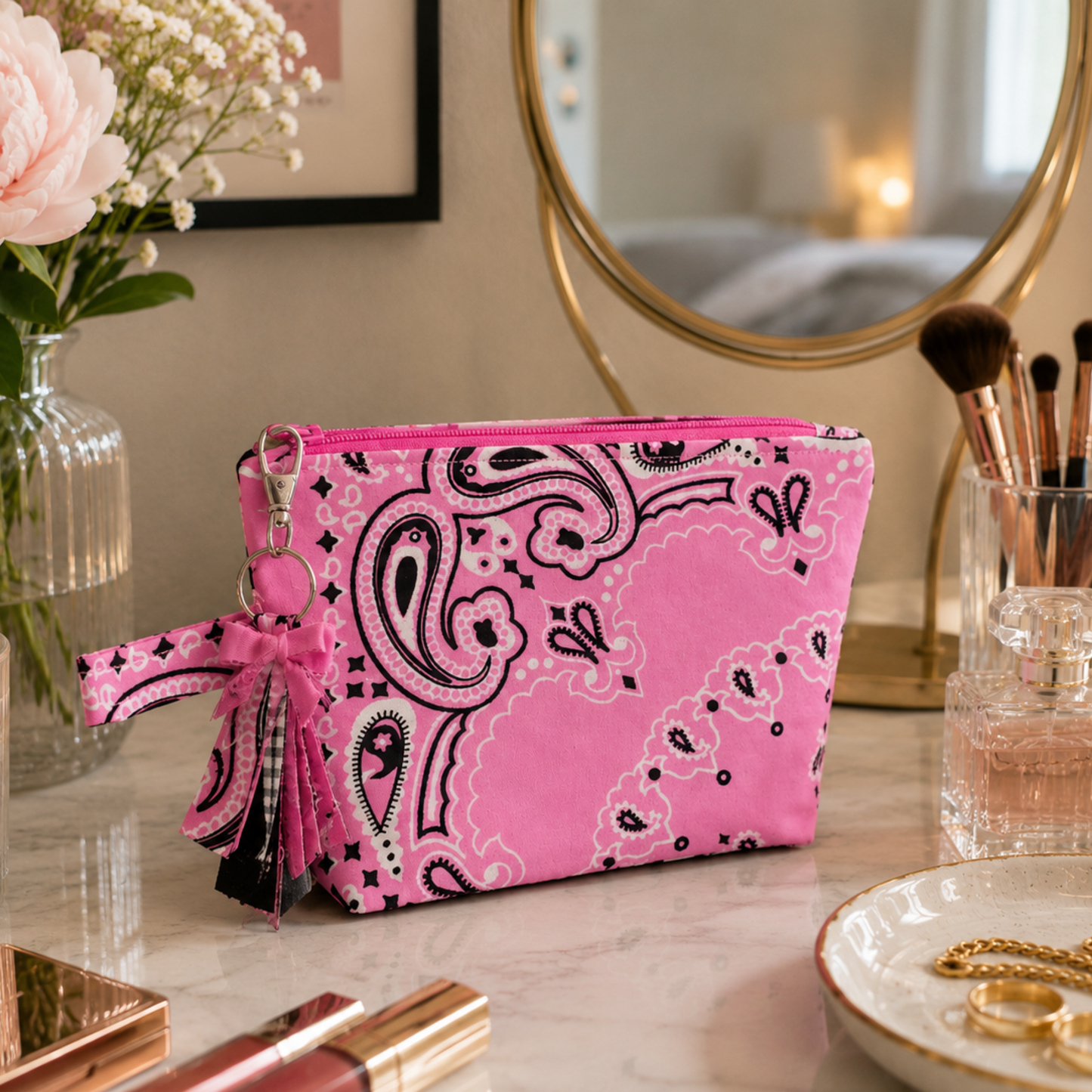 Pink Bandana Zipper Bag with Boxed Corners - Makeup/ Travel Bag