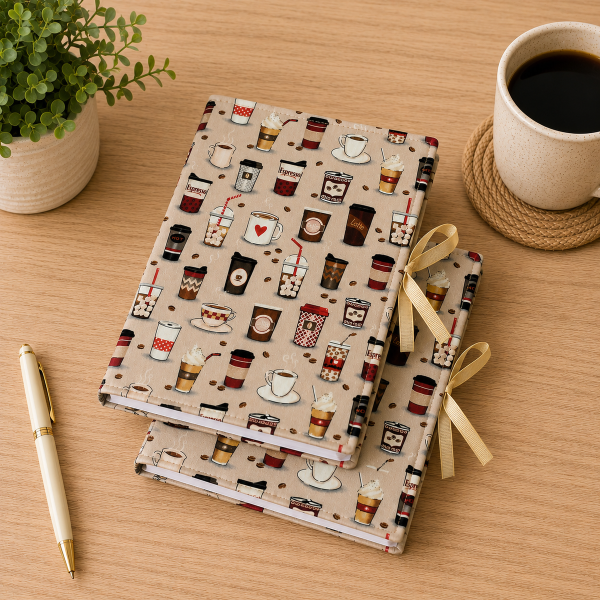 Coffee Lover Composition Notebook Cover in Tan Latte Print