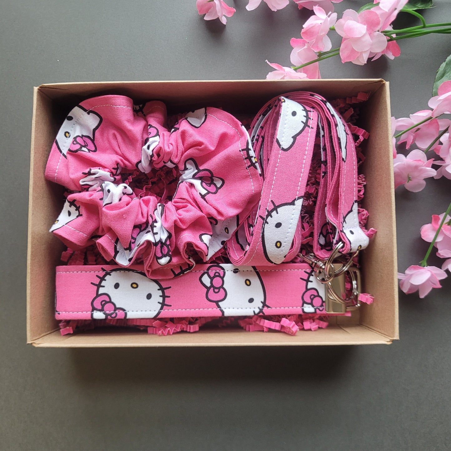 Hello Kitty Keychain Lanyard and Scrunchie Boxed Gift Set - Pink Keychain Wristlist, Kitty Keychain Strap for Keys, Kitten Scrunchie