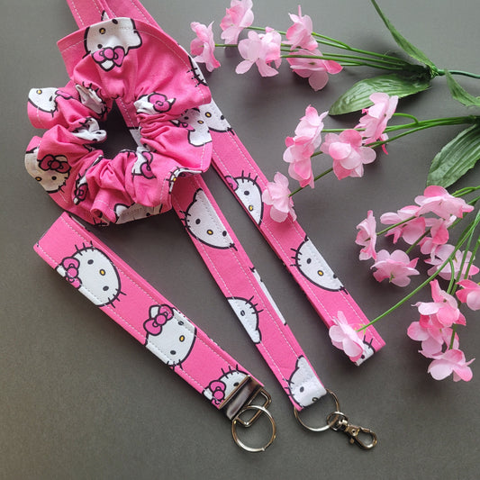 Hello Kitty Keychain Lanyard and Scrunchie Boxed Gift Set - Pink Keychain Wristlist, Kitty Keychain Strap for Keys, Kitten Scrunchie