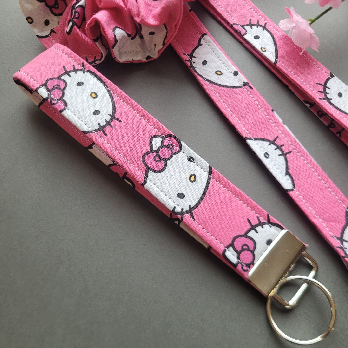 Hello Kitty Keychain Lanyard and Scrunchie Boxed Gift Set - Pink Keychain Wristlist, Kitty Keychain Strap for Keys, Kitten Scrunchie