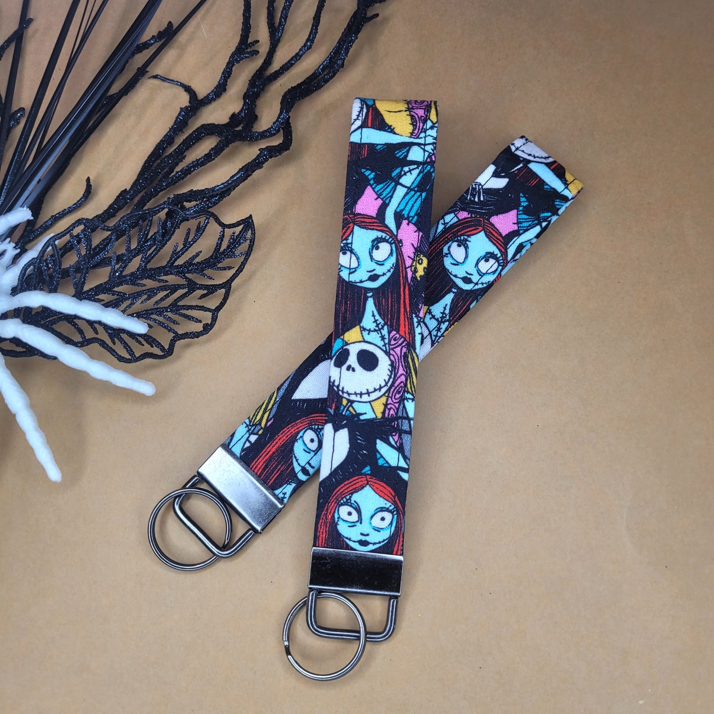 Jack & Sally Keychain, Fabric Nightmare Before Christmas Wrist Lanyard, Jack Skellington Wristlet Halloween Key Strap