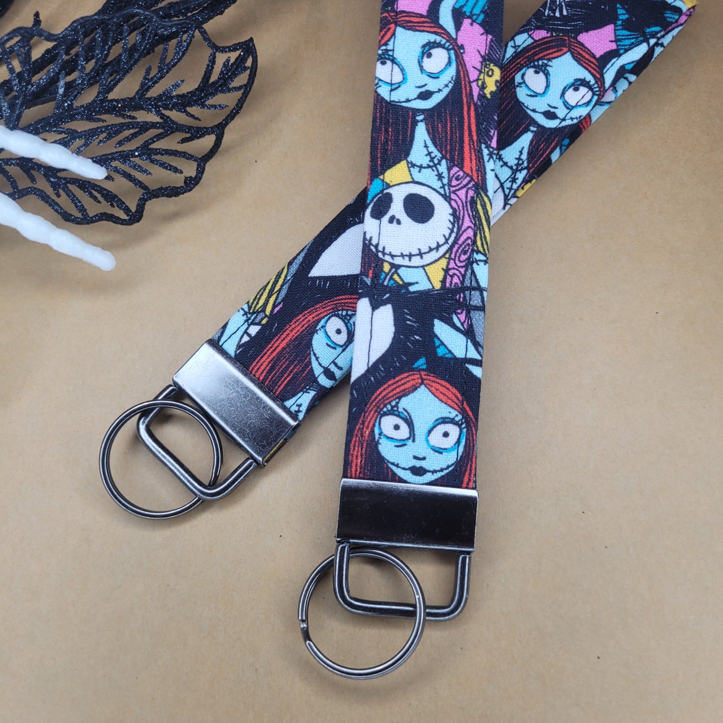 Jack & Sally Keychain, Fabric Nightmare Before Christmas Wrist Lanyard, Jack Skellington Wristlet Halloween Key Strap