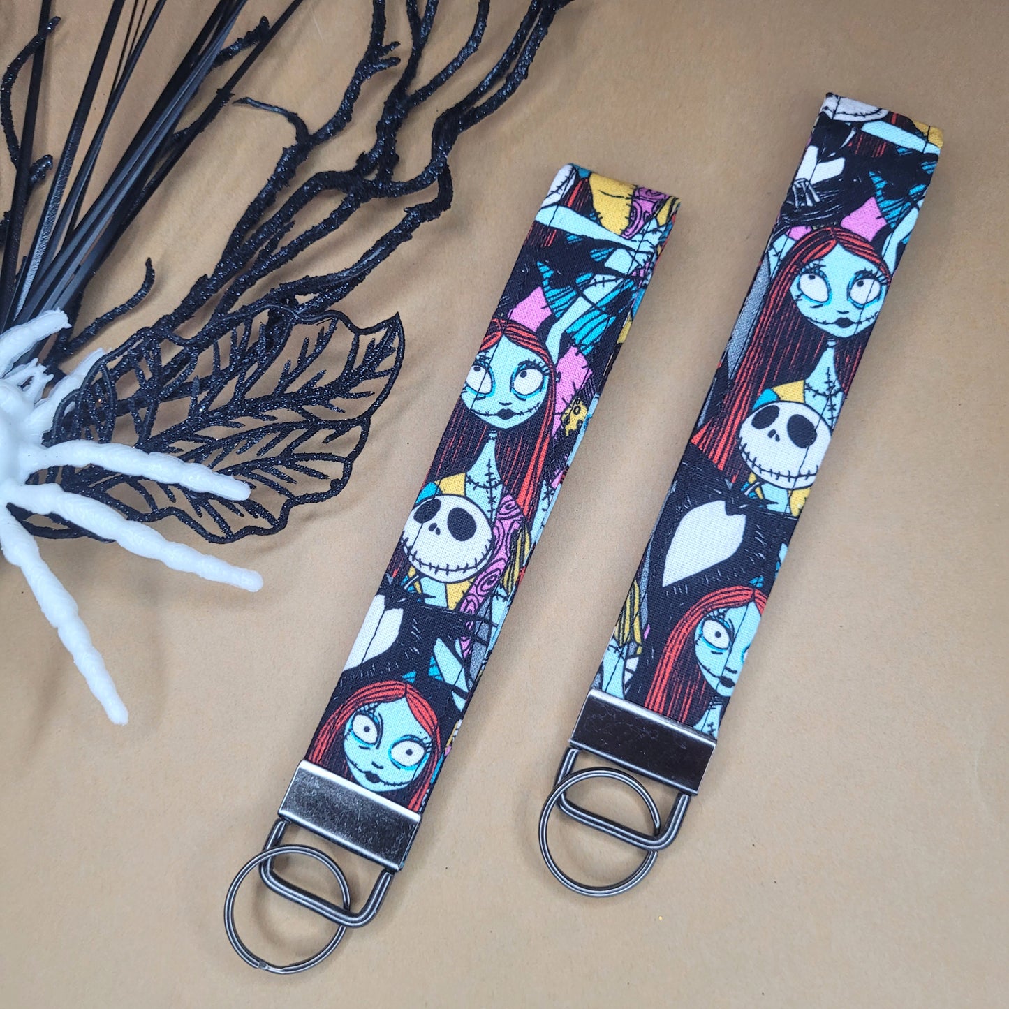 Jack & Sally Keychain, Fabric Nightmare Before Christmas Wrist Lanyard, Jack Skellington Wristlet Halloween Key Strap