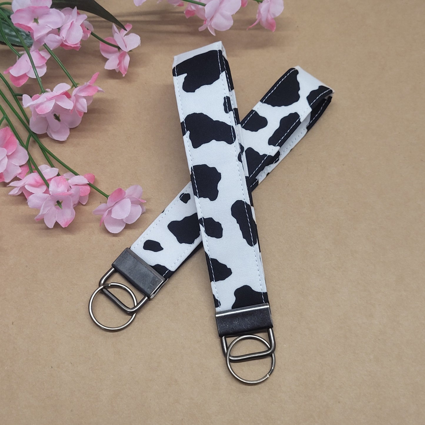 Cow Print Keychain, Black Cow Spots Fabric Keychain Wristlet Fob, Cow Keychain Strap for Keys, Farm Animal Key Holder