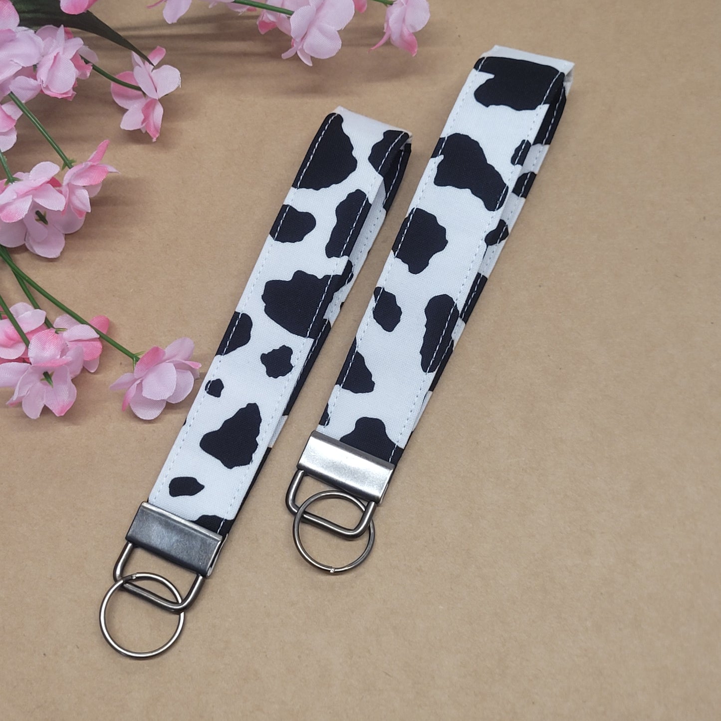 Cow Print Keychain, Black Cow Spots Fabric Keychain Wristlet Fob, Cow Keychain Strap for Keys, Farm Animal Key Holder