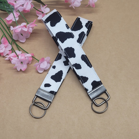 Cow Print Keychain, Black Cow Spots Fabric Keychain Wristlet Fob, Cow Keychain Strap for Keys, Farm Animal Key Holder