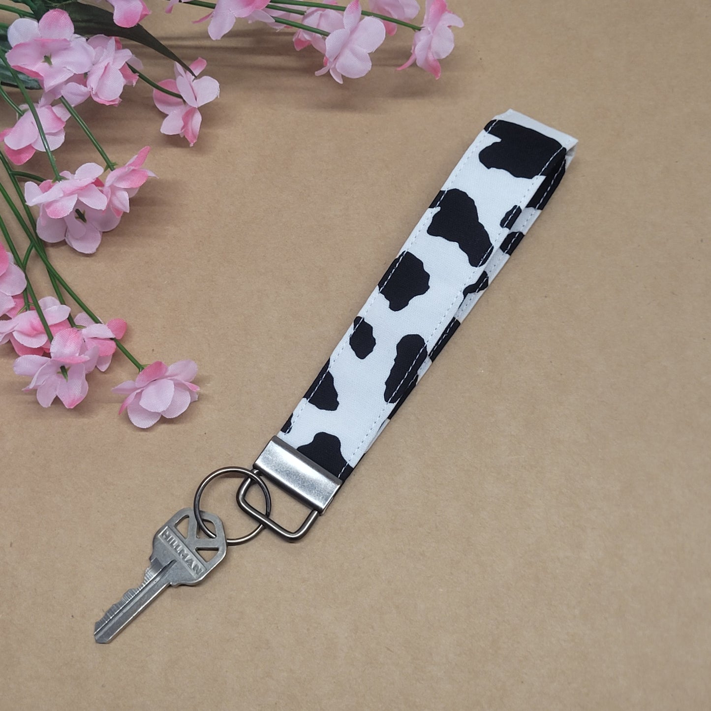 Cow Print Keychain, Black Cow Spots Fabric Keychain Wristlet Fob, Cow Keychain Strap for Keys, Farm Animal Key Holder