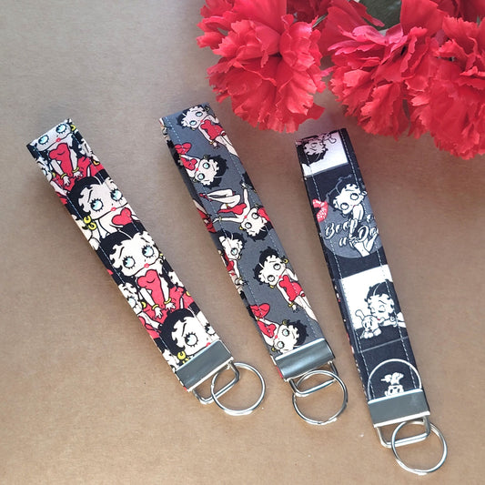 Betty Boop Keychains, Fabric Keychain Fob, Retro Keychain Wristlet, Betty Keychain Strap for Keys, Cartoon Classic Key Holder