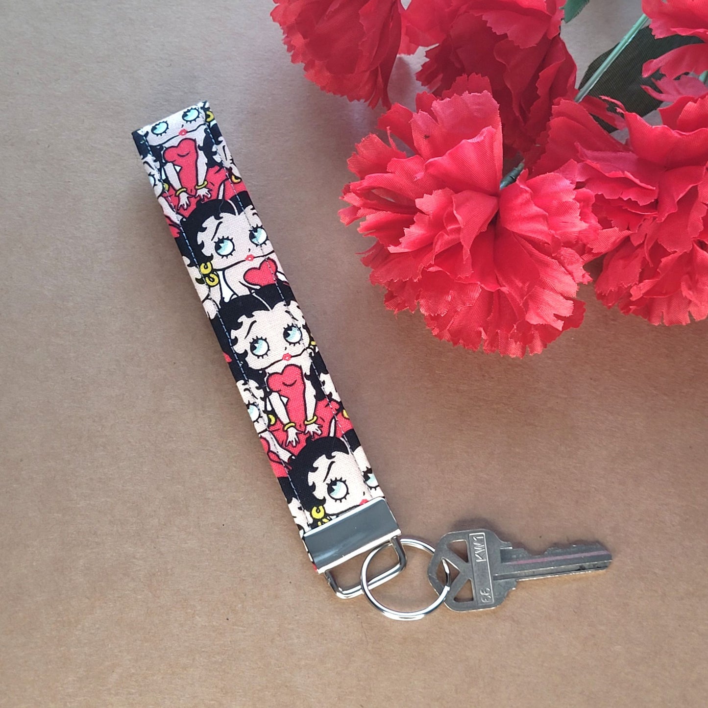 Betty Boop Keychains, Fabric Keychain Fob, Retro Keychain Wristlet, Betty Keychain Strap for Keys, Cartoon Classic Key Holder