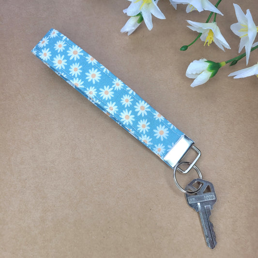 Blue Daisy Keychain, Ditsy Daisy Flower Keychain Strap for Keys, Daisy Flower Key Holder Wristlet