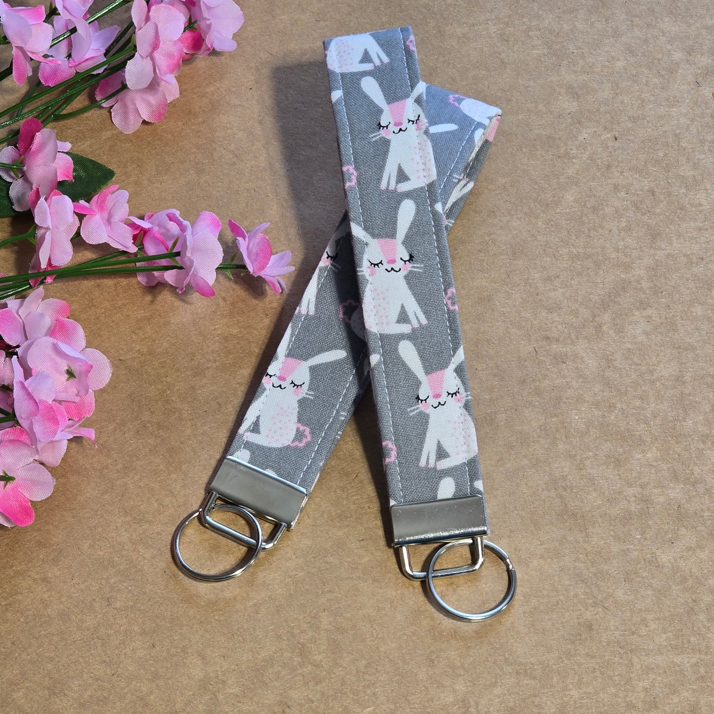 Bunny Fabric Keychain Fob, Rabbit Wristlet Lanyard, Cute Spring Key Strap