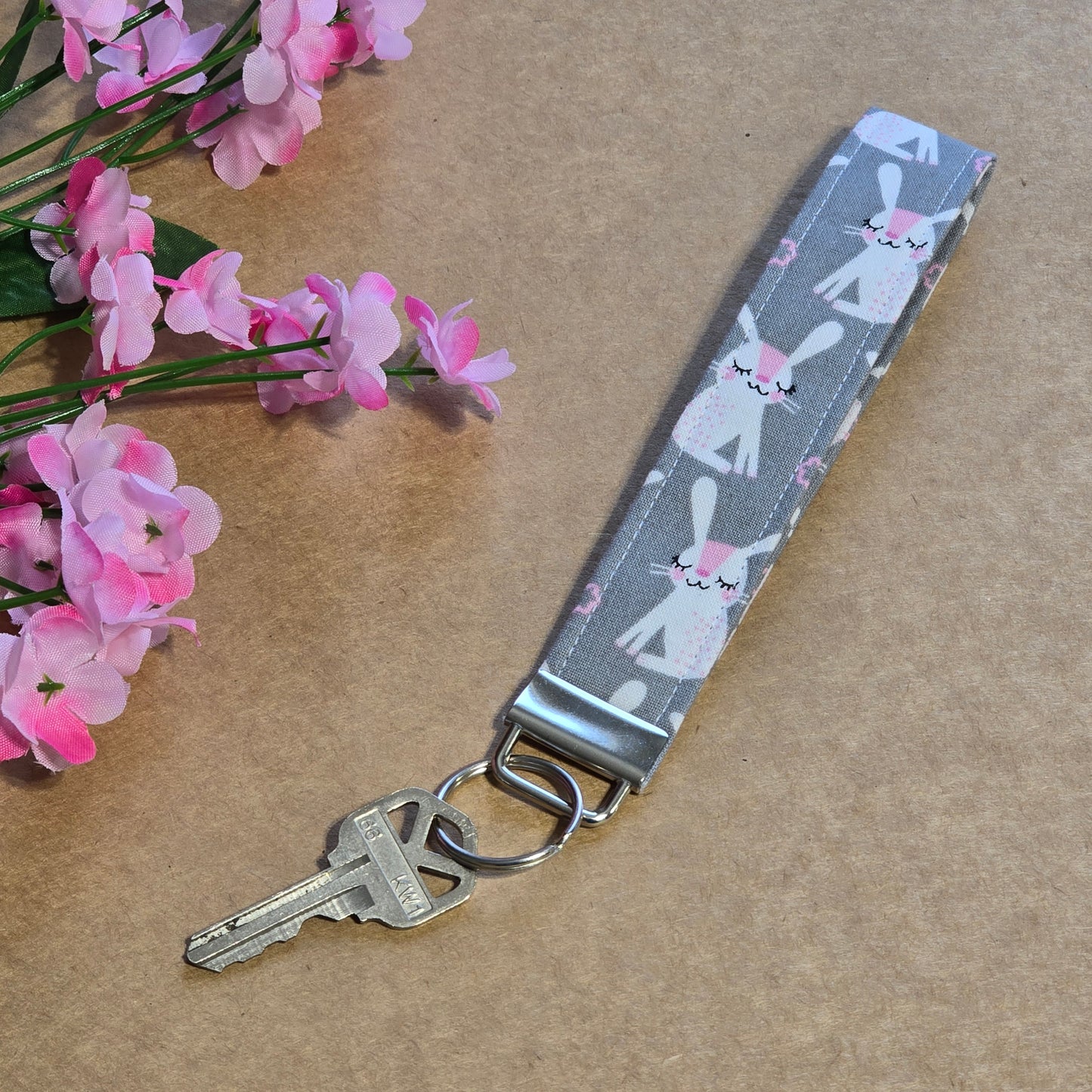 Bunny Fabric Keychain Fob, Rabbit Wristlet Lanyard, Cute Spring Key Strap