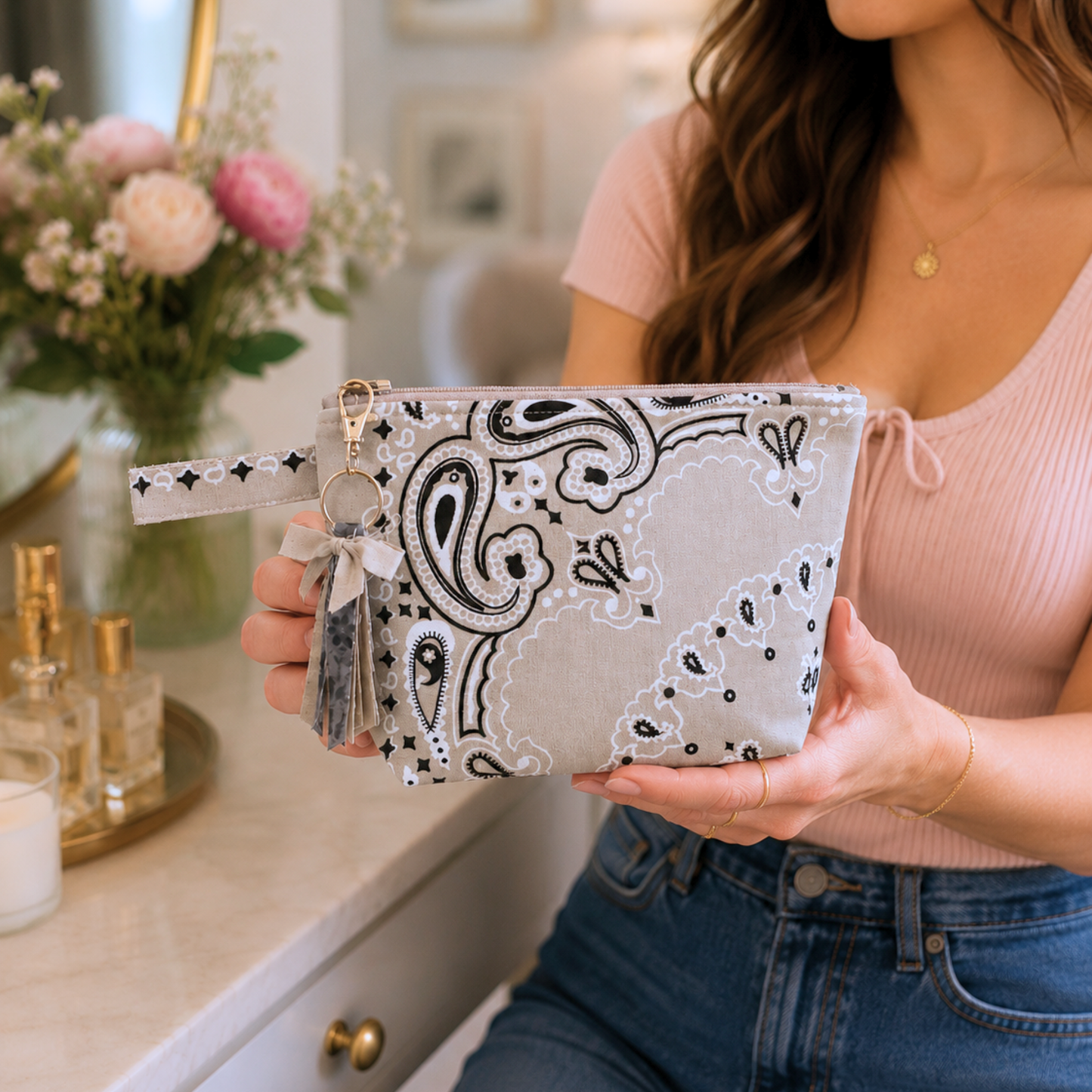 Tan Bandana Zipper Bag with Boxed Corners - Makeup/ Travel Bag