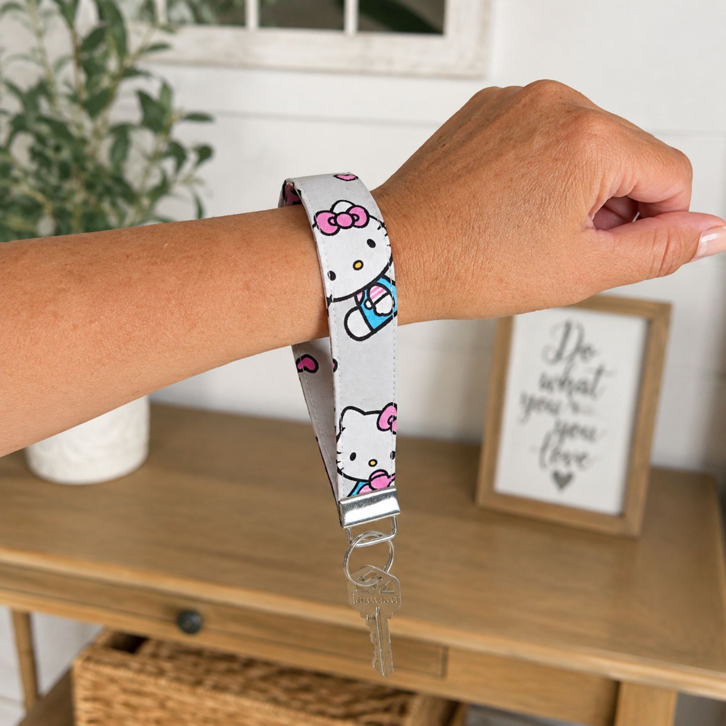 Hello Kitty Fabric Keychain Wristlet in Light Gray