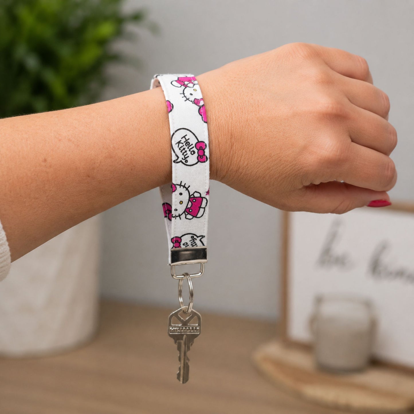 Hello Kitty Fabric Wristlet Keychain in Bold White