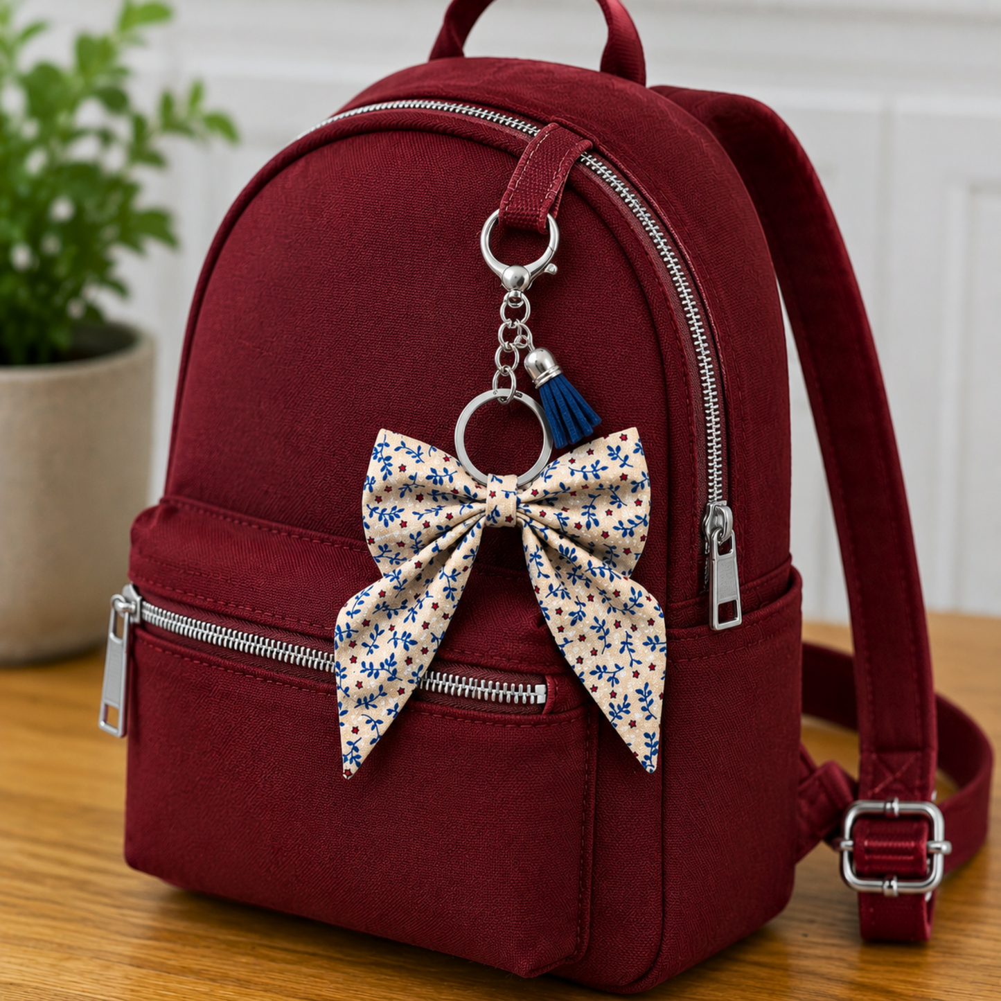 Bow Purse Charm in Blue Vines Red and Tan