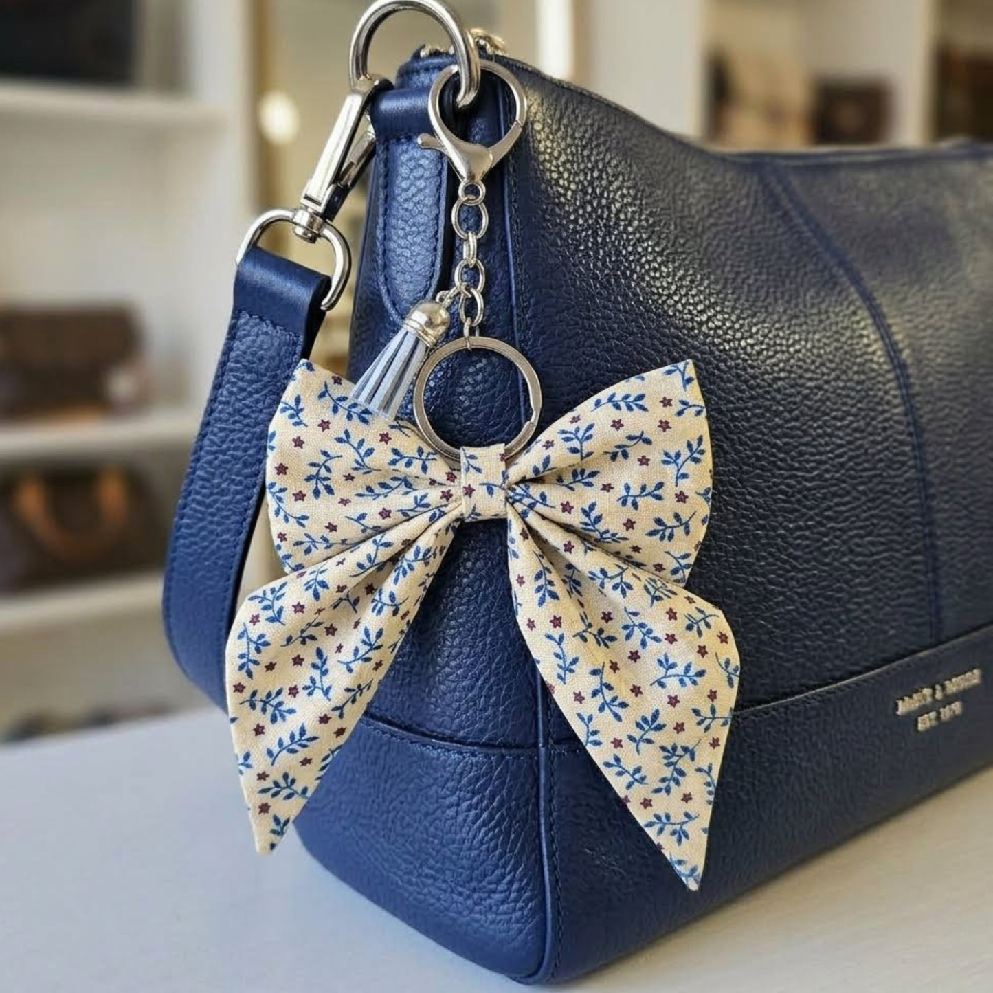 Bow Purse Charm in Blue Vines Red and Tan