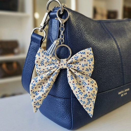 Bow Purse Charm in Blue Vines Red and Tan