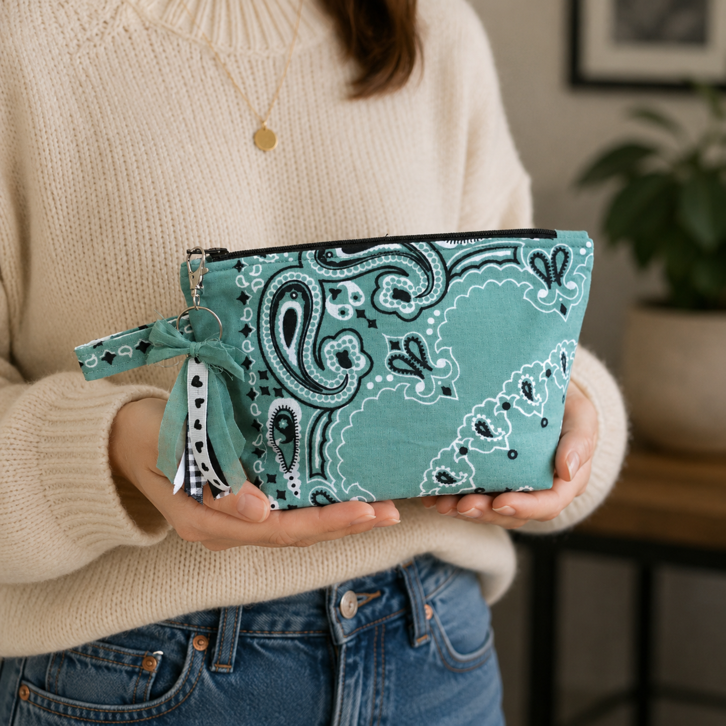 Mint Green Bandana Zipper Bag with Boxed Corners - Makeup/ Travel Bag