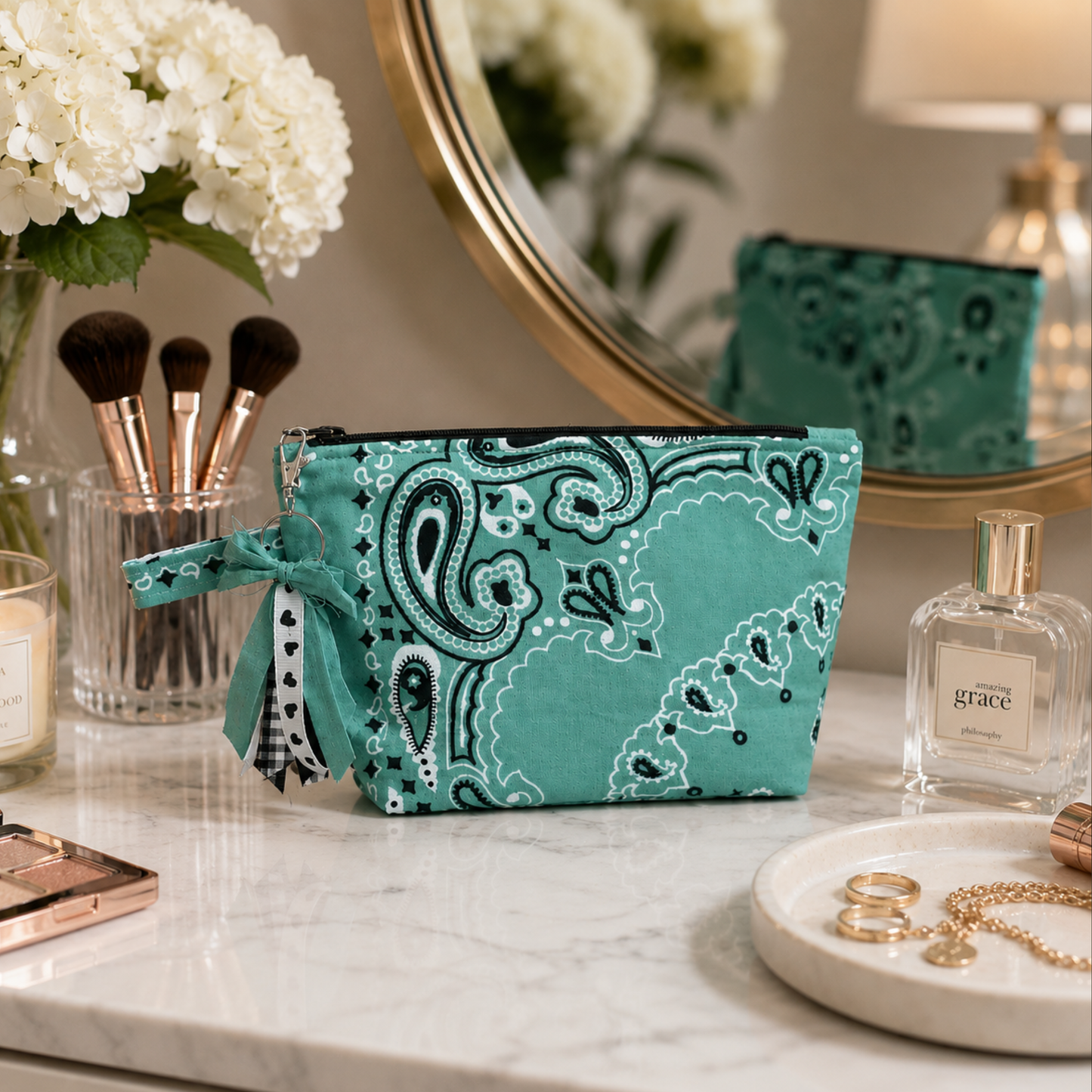 Mint Green Bandana Zipper Bag with Boxed Corners - Makeup/ Travel Bag