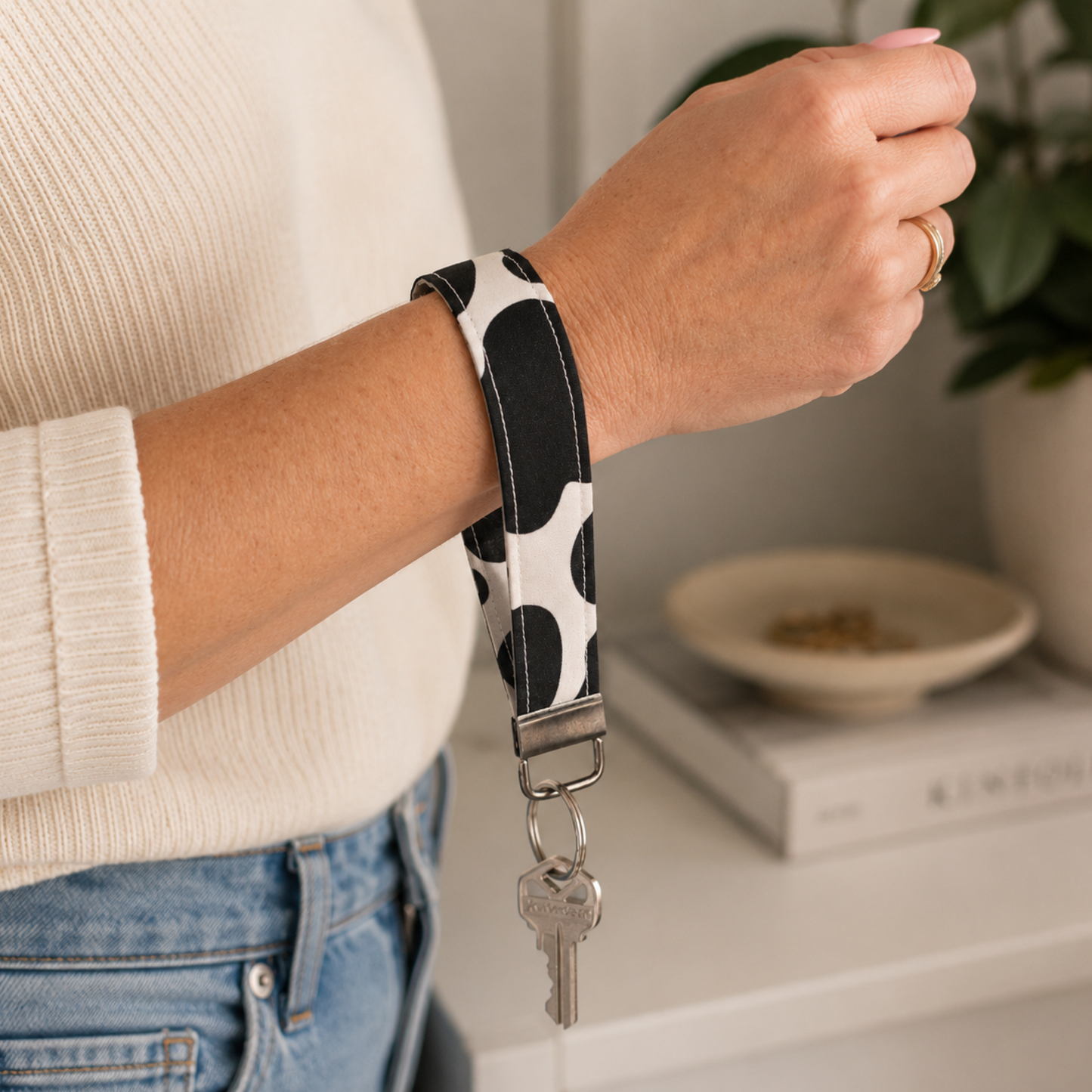 Cow Print Cute Keychain Fob Wristlet in Black Spots