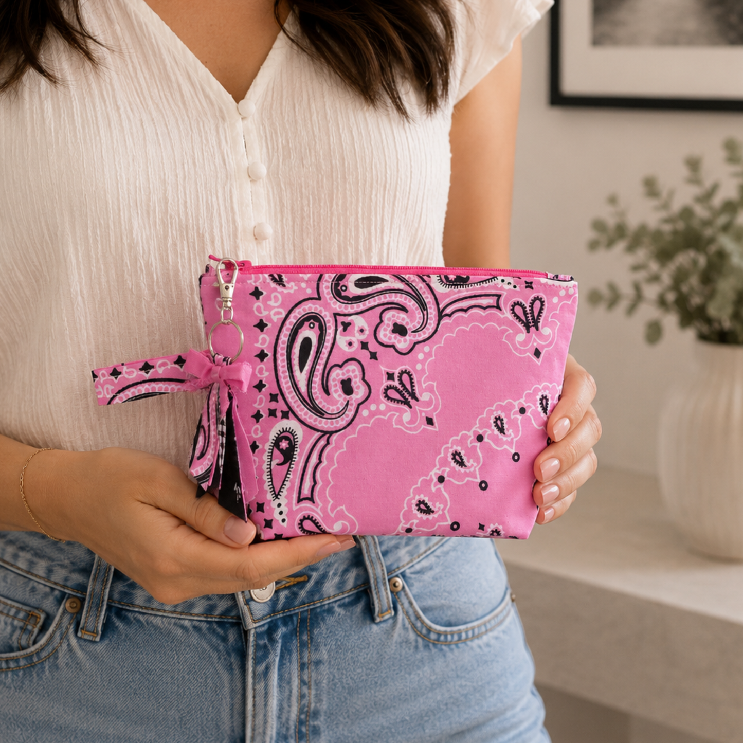 Pink Bandana Zipper Bag with Boxed Corners - Makeup/ Travel Bag