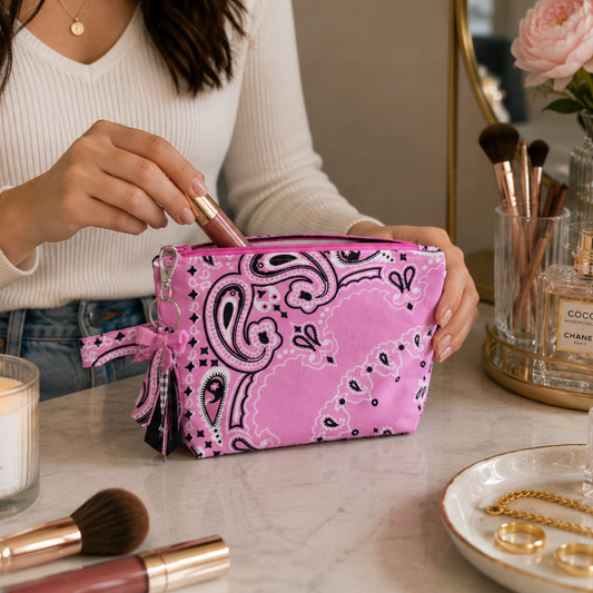 Pink Bandana Zipper Bag with Boxed Corners - Makeup/ Travel Bag