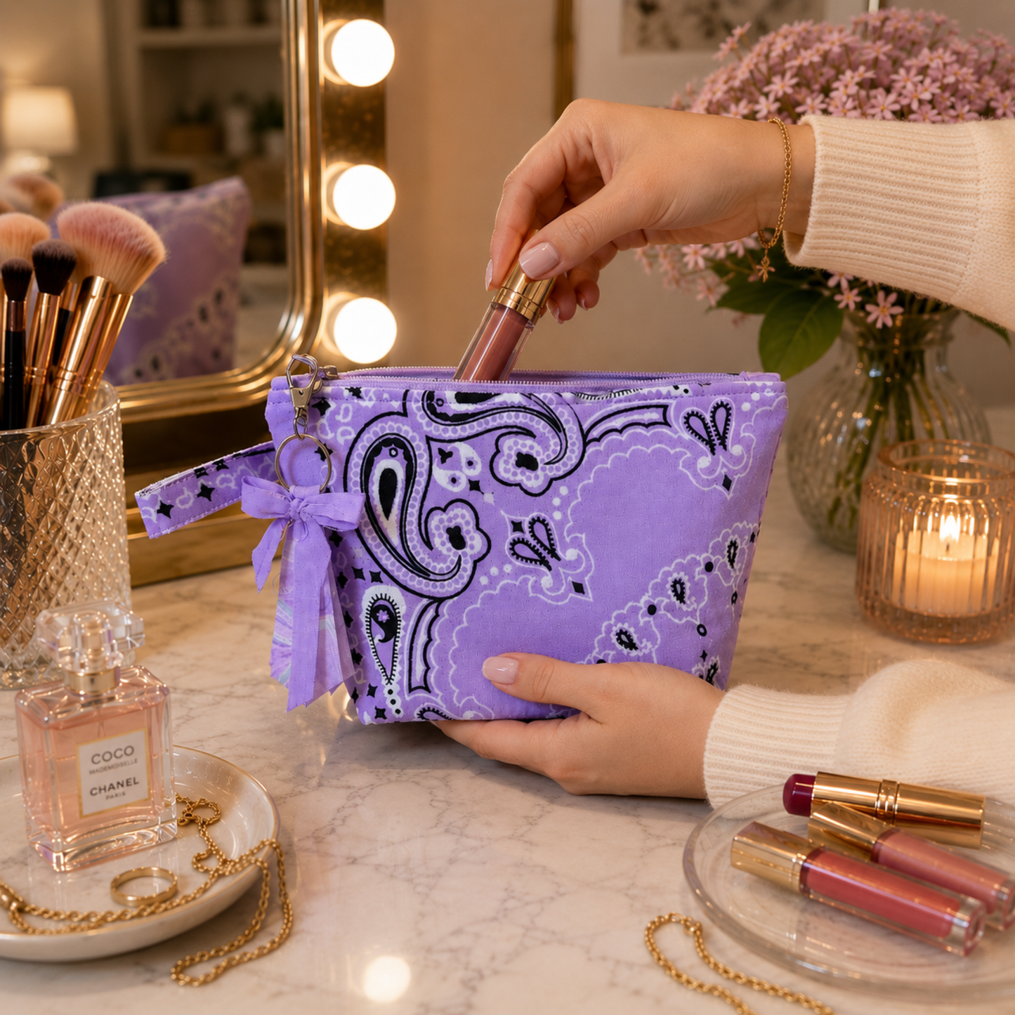 Lilac Bandana Zipper Bag with Boxed Corners - Makeup/ Travel Bag
