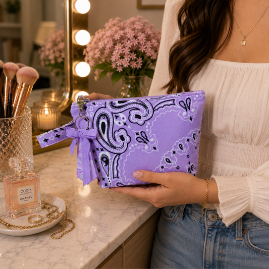 Lilac Bandana Zipper Bag with Boxed Corners - Makeup/ Travel Bag