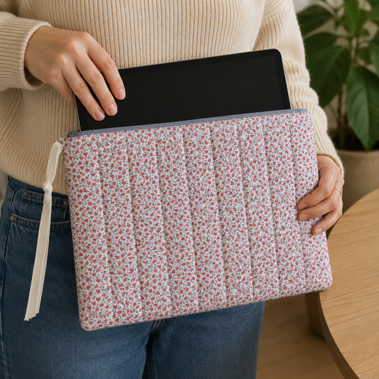 Red Calico Floral Tablet / Book Sleeve with Matching Coin Purse Keychain - Tilda Collection