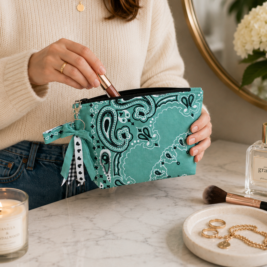 Mint Green Bandana Zipper Bag with Boxed Corners - Makeup/ Travel Bag