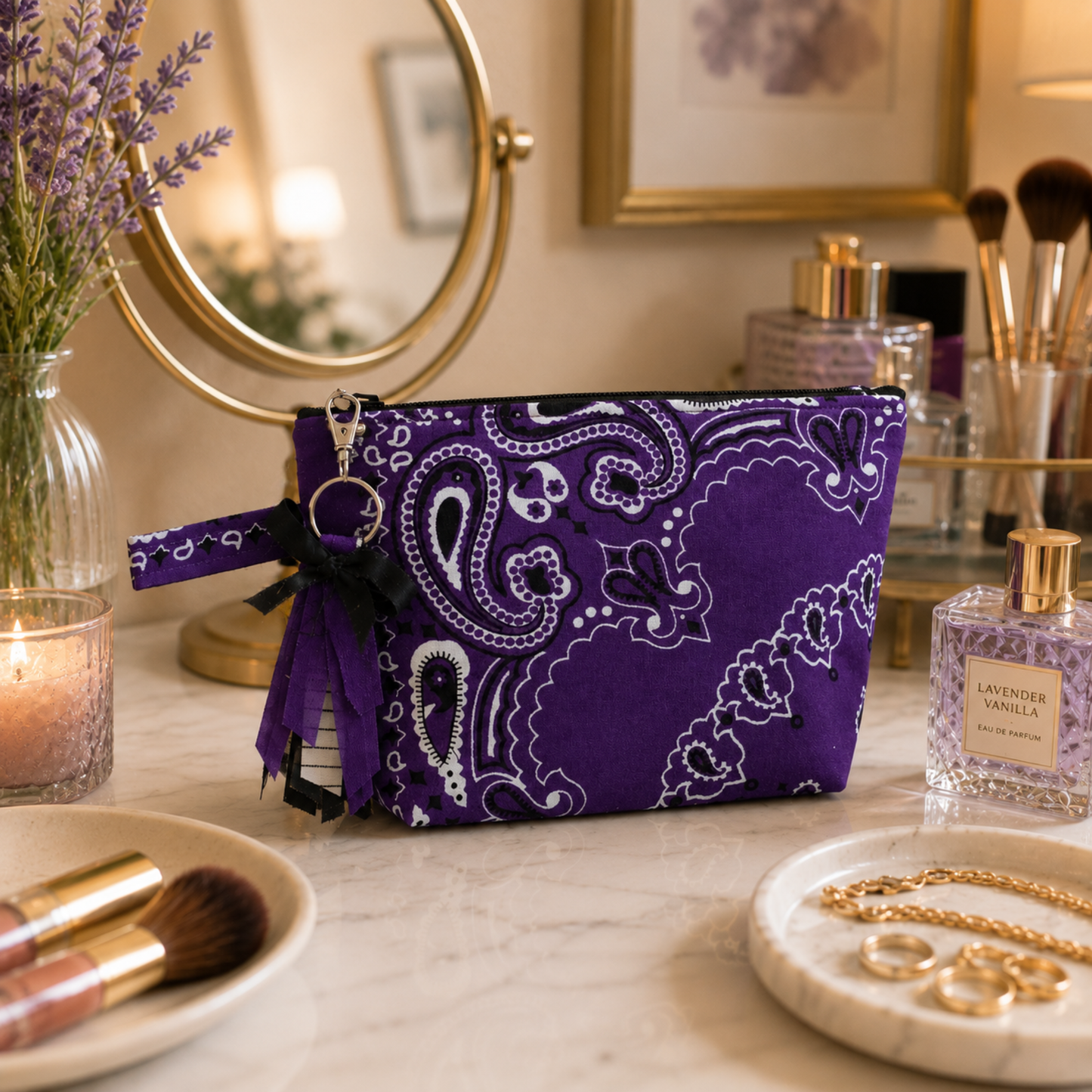 Purple Bandana Zipper Bag with Boxed Corners - Makeup/ Travel Bag