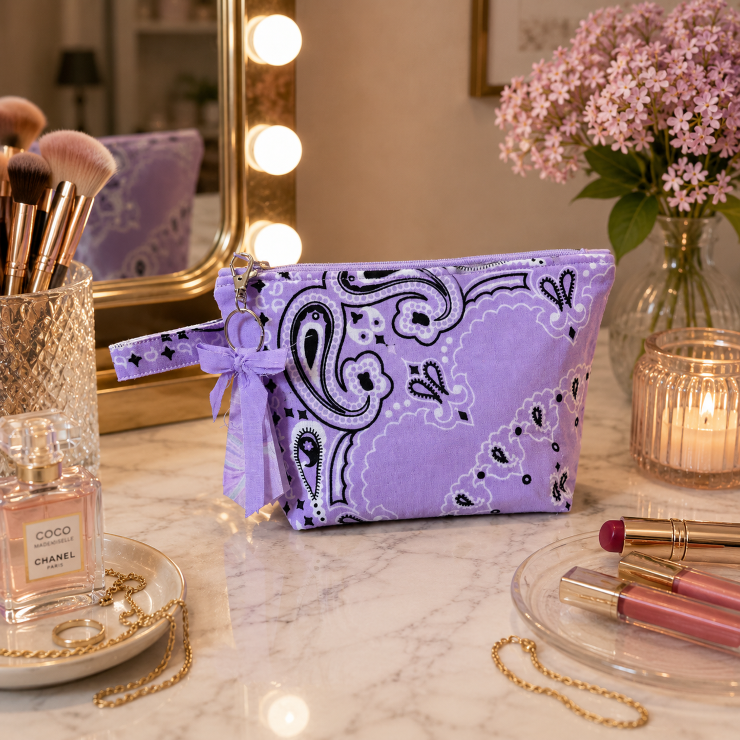 Lilac Bandana Zipper Bag with Boxed Corners - Makeup/ Travel Bag