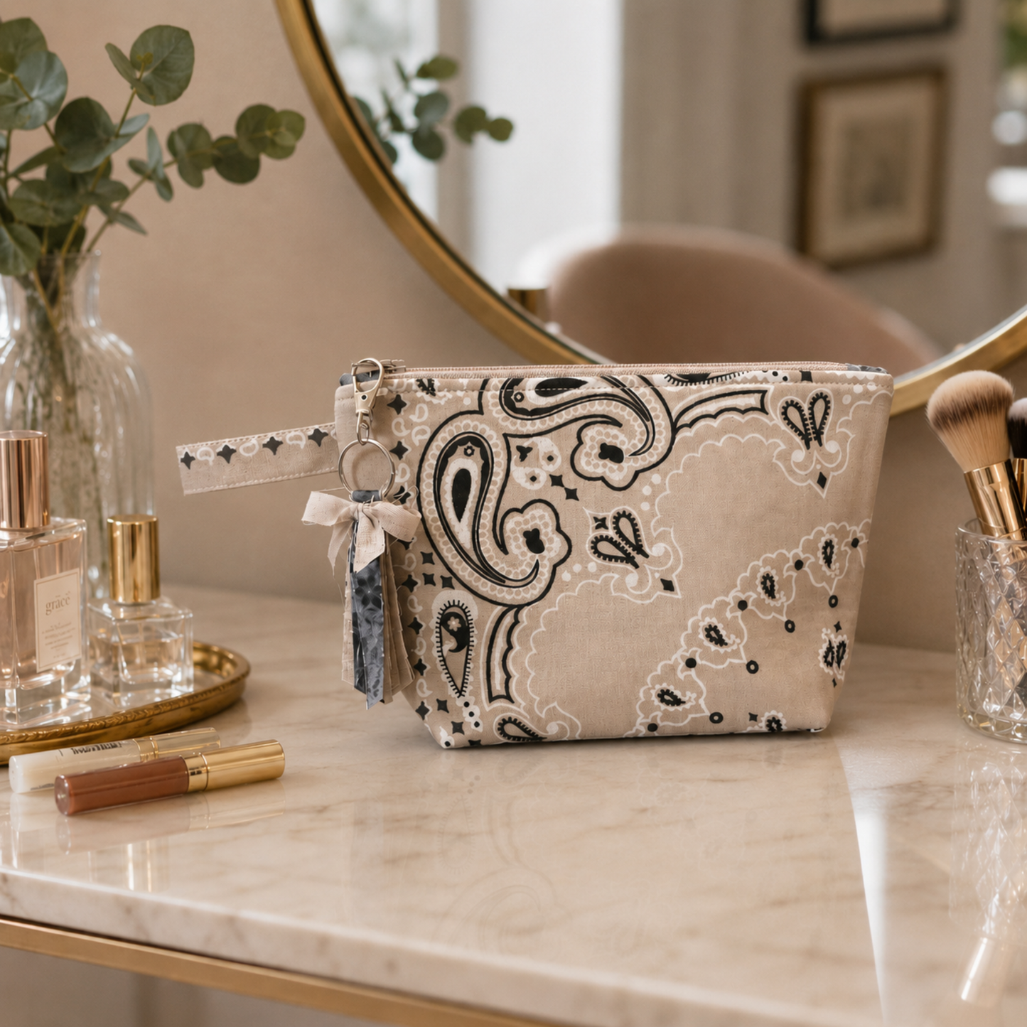 Tan Bandana Zipper Bag with Boxed Corners - Makeup/ Travel Bag