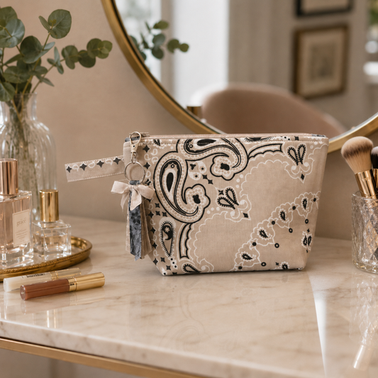 Tan Bandana Zipper Bag with Boxed Corners - Makeup/ Travel Bag