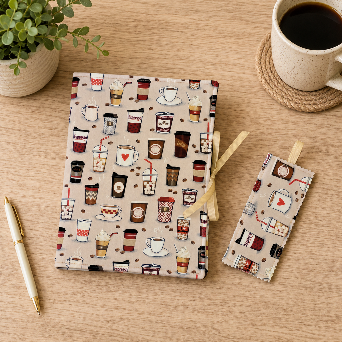 Coffee Lover Composition Notebook Cover in Tan Latte Print