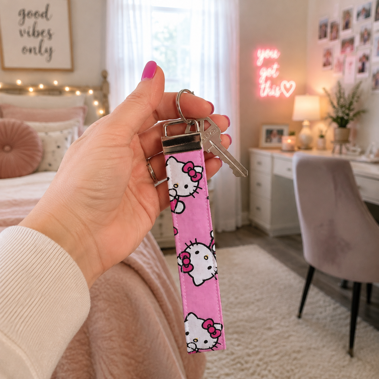 Hello Kitty Cute Keychain Fob Wristlet in Light Pink