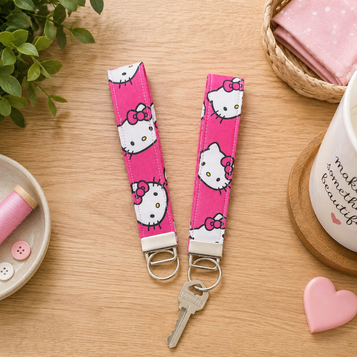 Hello Kitty Fabric Keychain Wristlet in Bold Pink