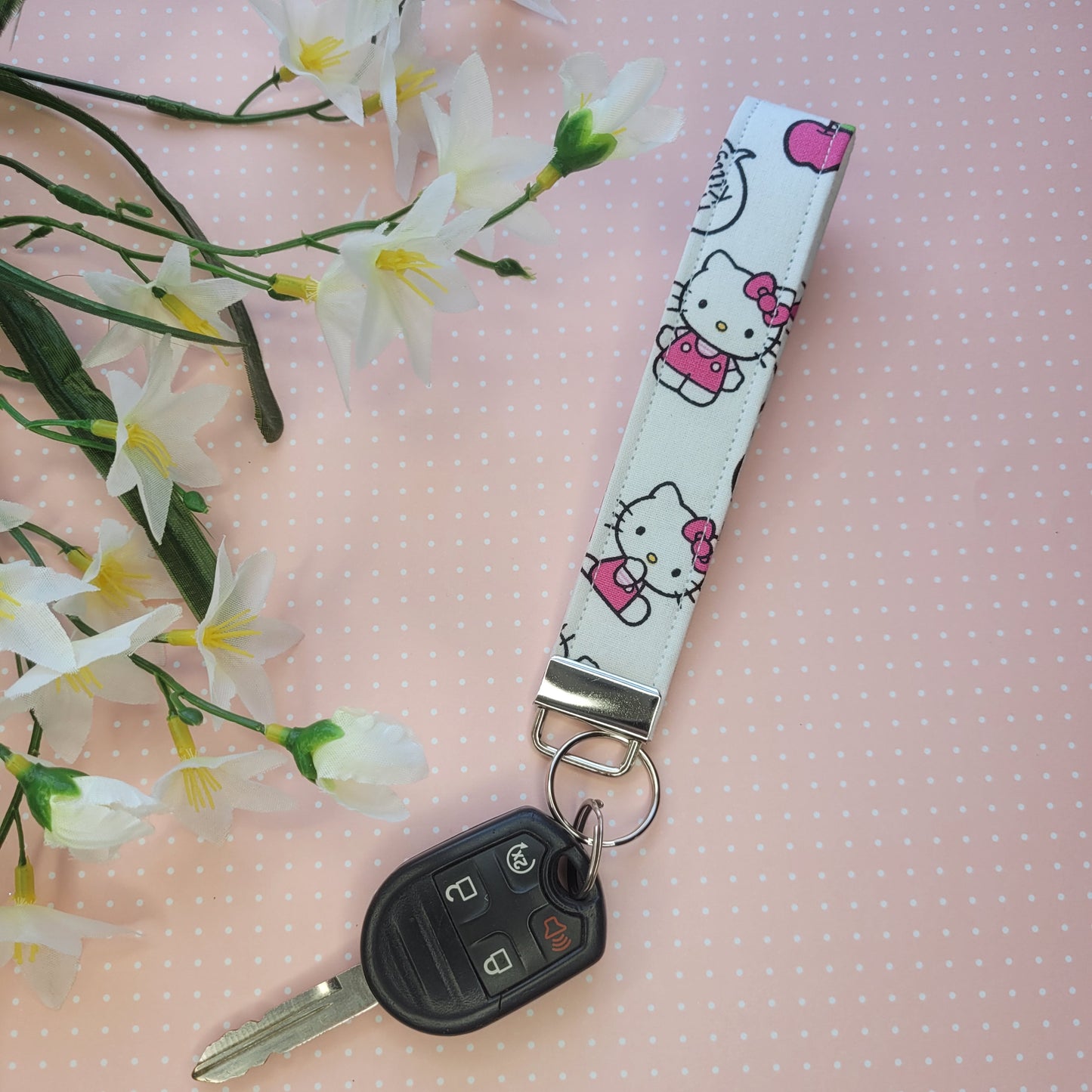 Hello Kitty Keychain Fob Wristlet, Fabric Cat Keychain Strap for Keys, Kitten Key Holder