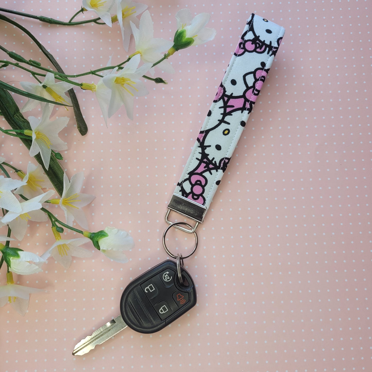 Hello Kitty Keychain Fob Wristlet, Fabric Cat Keychain Strap for Keys, Kitten Key Holder