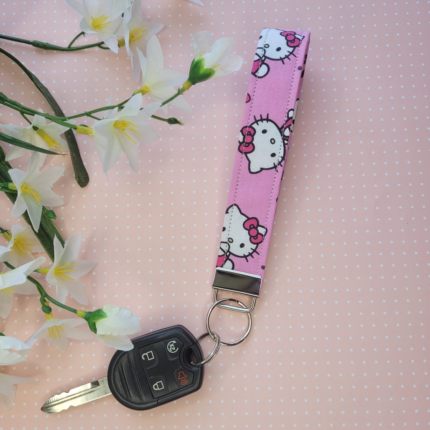 Hello Kitty Keychain Fob Wristlet, Fabric Cat Keychain Strap for Keys, Kitten Key Holder