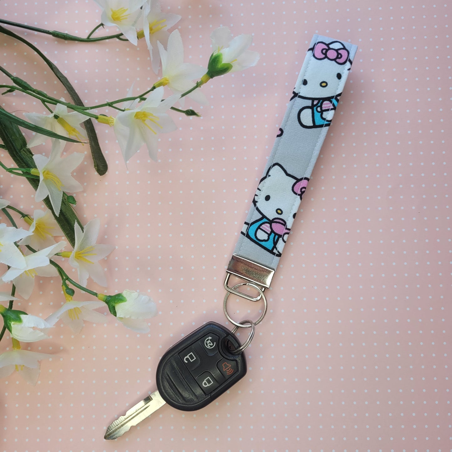 Hello Kitty Keychain Fob Wristlet, Fabric Cat Keychain Strap for Keys, Kitten Key Holder