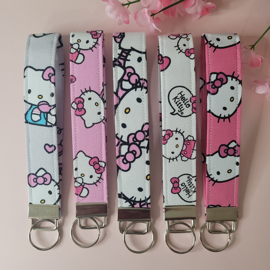 Hello Kitty Keychain Fob Wristlet, Fabric Cat Keychain Strap for Keys, Kitten Key Holder